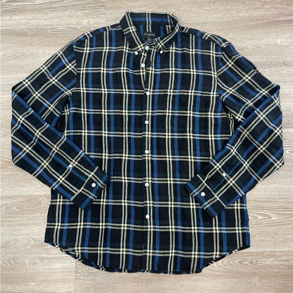 Club Monaco Navy Blue Plaid Button Up Linen Slim Fit Shirt XL